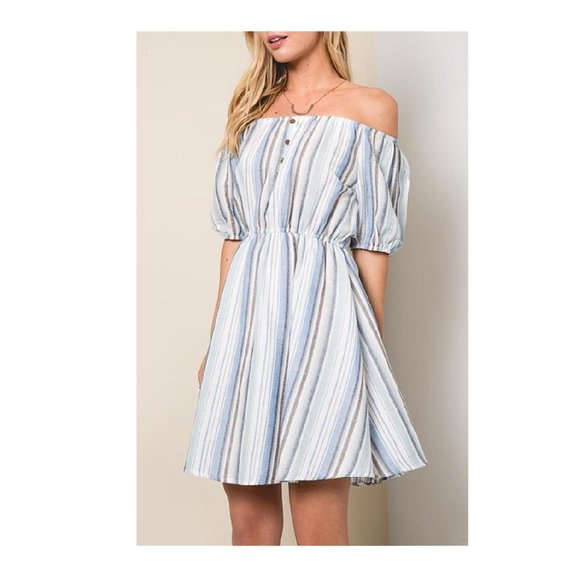 Hayden Los Angeles Striped Boho Peasant Off Shoulder Mini Dress - Picture 1 of 9